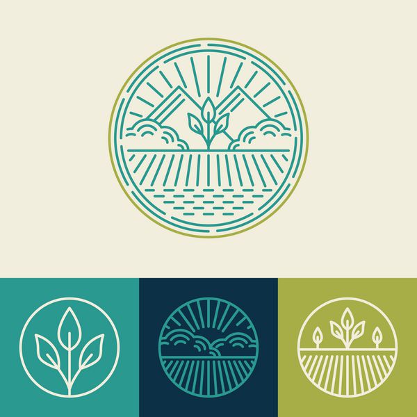 وکتور آرم خط کشاورزی و ارگانیک مزرعه - مجموعه ای از عناصر طراحی و نشان برای صنایع غذایی
