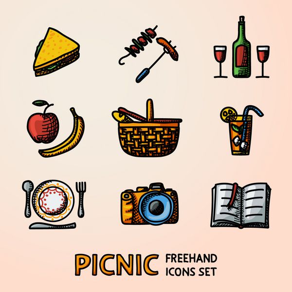 مجموعه ای از آیکون های پیک نیک نقاشی شده با دست - سبد بشقاب با قاشق ساندویچ دوربین po شیشه با دم سیب و موز bbq کتاب بردار