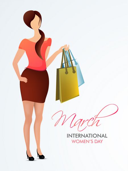 دختر جوان شیک پوشی که کیسه های خرید را در پس زمینه خاکستری برای جشن روز جهانی زن در دست دارد