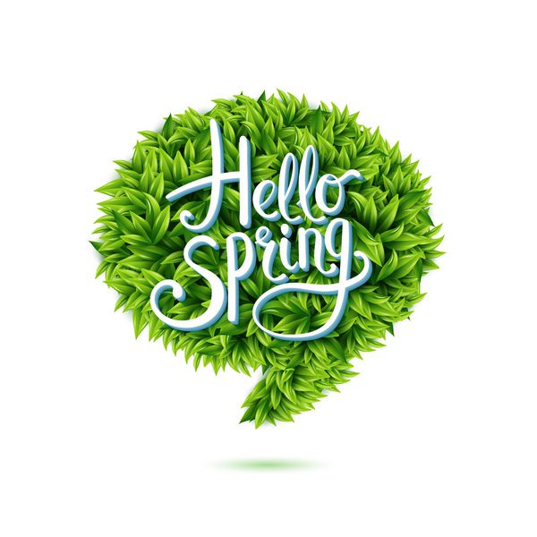 سلام بهار در حباب گفتاری از برگهای سبز جوان تازه جدا شده روی سفید برای استفاده به عنوان یک عنصر طراحی برای مفاهیم زیست محیطی و زیستی وکتور