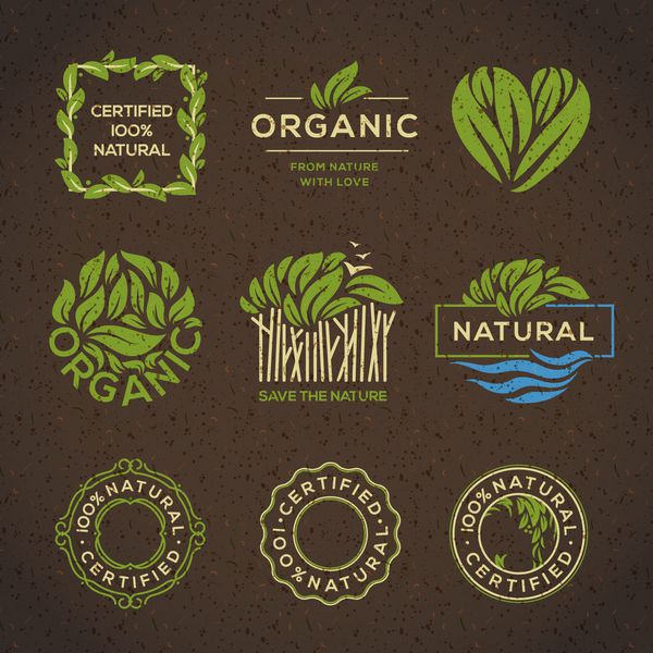 برچسب‌ها و عناصر مواد غذایی ارگانیک مجموعه ای برای وکتور غذا و نوشیدنی رستوران و محصولات ارگانیک