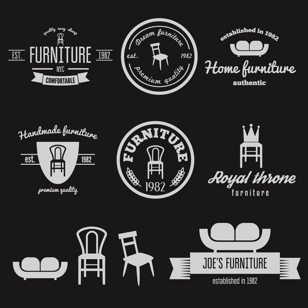 مجموعه ای از لوگوی قدیمی نشان نشان و عناصر لوگو تایپ برای مغازه مبلمان