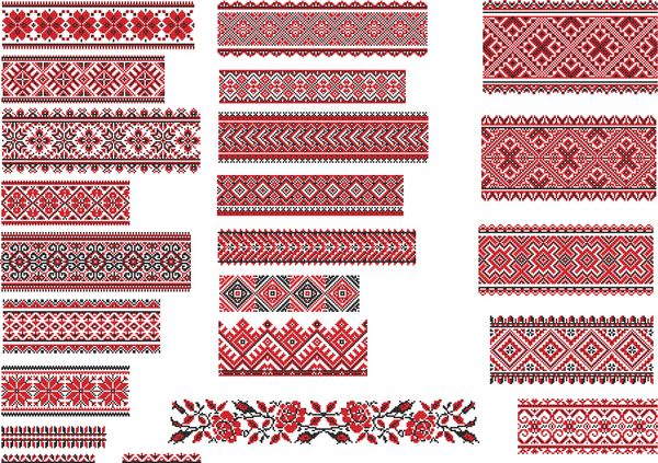 مجموعه ای از الگوهای قومی اوکراینی برای دوخت گلدوزی به رنگ قرمز و سیاه