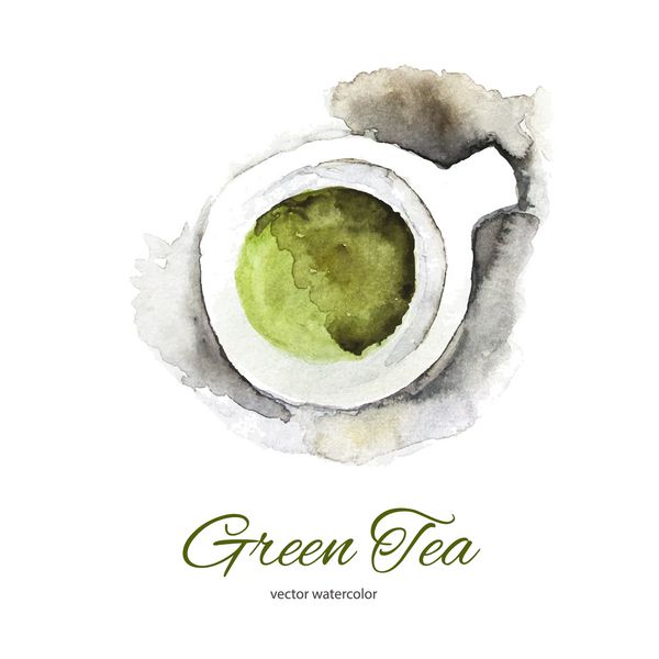 چای سبز نمای بالا فنجان چای - وکتور طبیعی تصویر آبرنگ