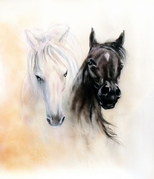سر اسب دو روح اسب سیاه و سفید نقاشی رنگ روغن با جزئیات زیبا روی بوم پس زمینه اوکر انتزاعی