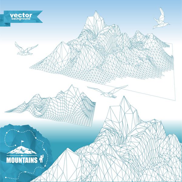 مجموعه کوه های سه بعدی به سبک چند ضلعی تصویر مثلث های زیاد با پرندگان و مسیر کوهنوردی مجموعه ای از کوه بلند انتزاعی