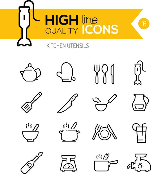 نمادهای خط ظروف آشپزخانه از جمله اجاق گاز لوازم خانگی ابزار و غیره