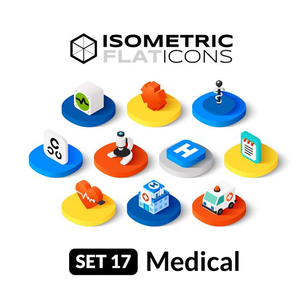 آیکون های مسطح ایزومتریک مجموعه وکتور پیکتوگرام سه بعدی 17 - مجموعه نمادهای پزشکی