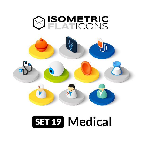 آیکون های مسطح ایزومتریک مجموعه وکتور پیکتوگرام های سه بعدی 19 - مجموعه نمادهای پزشکی