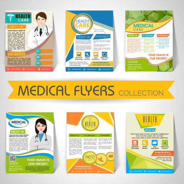 مجموعه ای از بروشورها الگوها یا بنرهای شیک برای مفهوم پزشکی و مراقبت های بهداشتی