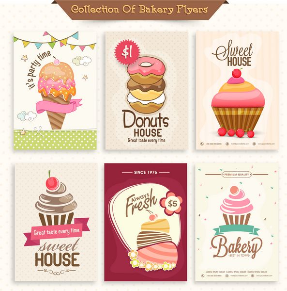 مجموعه ای از آگهی های نانوایی یا کارت های منو که با بستنی شیرین دونات و کیک تزئین شده اند