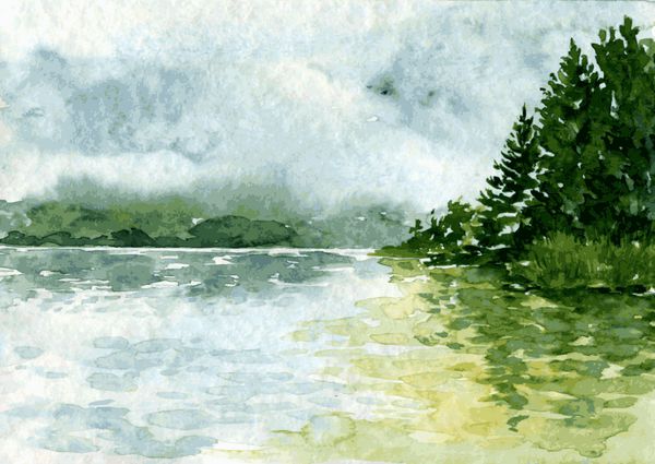 وکتور انتزاعی منظره آبرنگ با رودخانه و جنگل صنوبر ابرهای بارانی و انعکاس در آب تصاویر کشیده شده با دست پس زمینه طبیعی