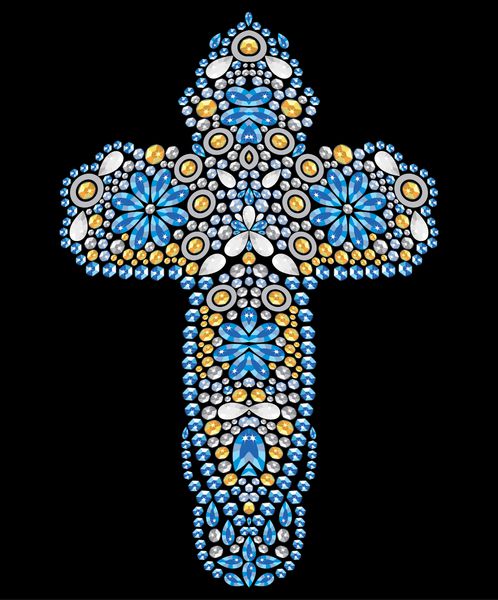 صلیب مسیحی پرنقش‌انگیز از سنگ‌های درخشان یاقوت کبود و طلا گل‌های زیبای کوچک لوازم بدلیجات تزئینات لباس تصویر هنری بردار انتزاعی