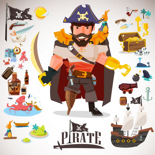 طراحی شخصیت دزدان دریایی با عنصر آیکون طراحی تایپوگرافی - وکتور