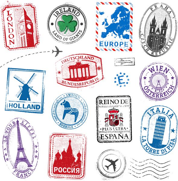مجموعه ای با جزئیات بالا از مفاهیم تمبر مسافرتی با نمادهای سنتی از تمام کشورهای بزرگ اروپا