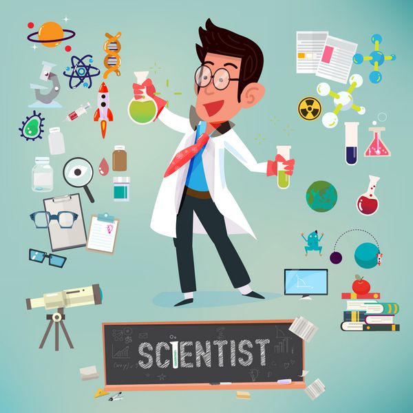 دانشمند با عناصر نماد تجهیزات آزمایشگاهی تجهیزات علمی - وکتور