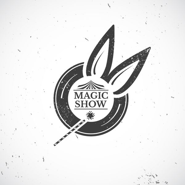 نشان قدیمی سیرک کلاه سیاه قدیمی که گوش‌های خرگوش با ترک و متن از آن بیرون زده است و شعبده‌باز عصای جادویی جدا شده روی پس‌زمینه وکتور نمایش جادویی