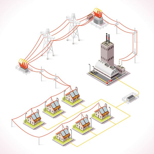 مفهوم اینفوگرافی زنجیره توزیع انرژی الکتریکی عناصر شبکه برق سه بعدی ایزومتریک شبکه برق تامین نیروگاه ساختمان های شهر خانه ها وکتور