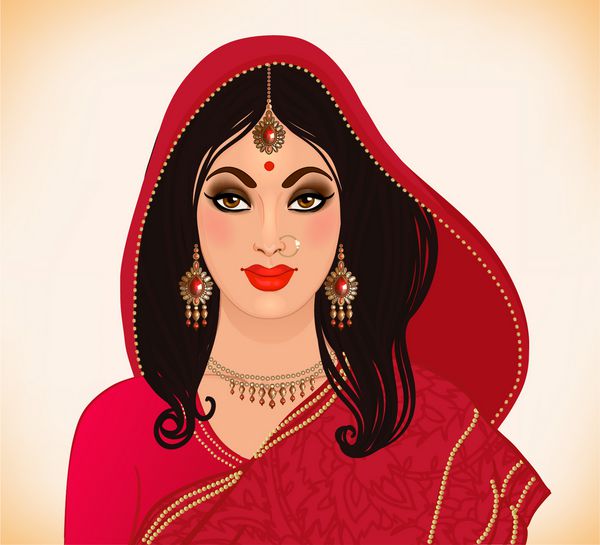 زن جوان هندی زیبا در ساری رنگارنگ مد سنتی ستاره بالیوود لباس عروس عروس
