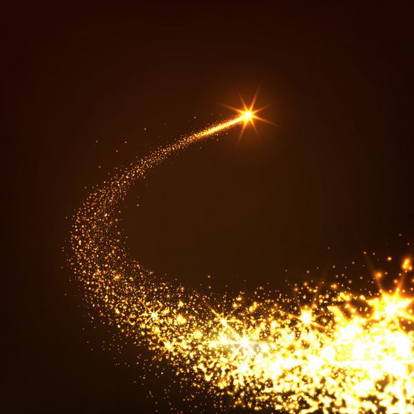 ستاره در حال سقوط طلایی درخشان انتزاعی - ستاره تیرانداز با دنباله ستاره چشمک زن در پس زمینه قهوه ای تیره - شهاب سنگ دنباله دار سیارک - وکتور پس زمینه