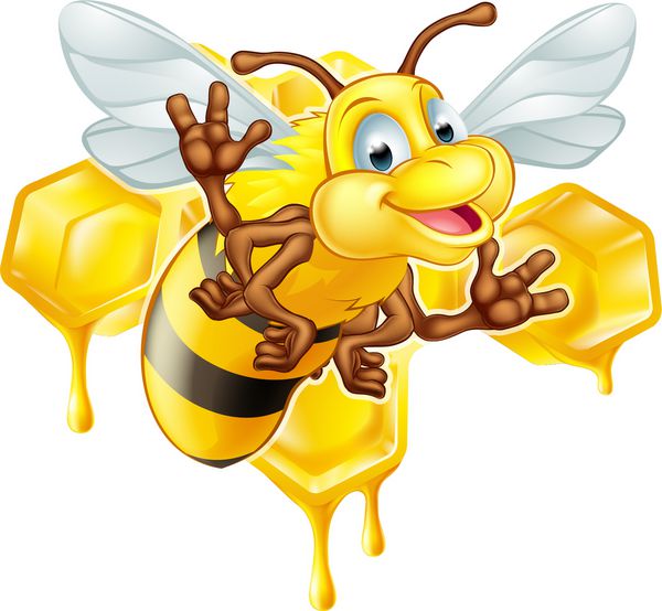تصویری از شخصیت زنبور طلسم کارتونی زیبا در مقابل لانه زنبوری که قطرات عسل می چکد