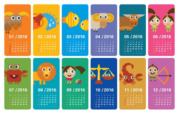 تقویم خنده دار 2016 با فال کارتونی ایده آل برای وب و چاپ