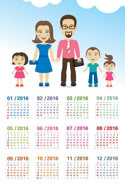 تقویم 2016 با خانواده کارتونی هفته از یکشنبه شروع می شود تعداد هفته ها