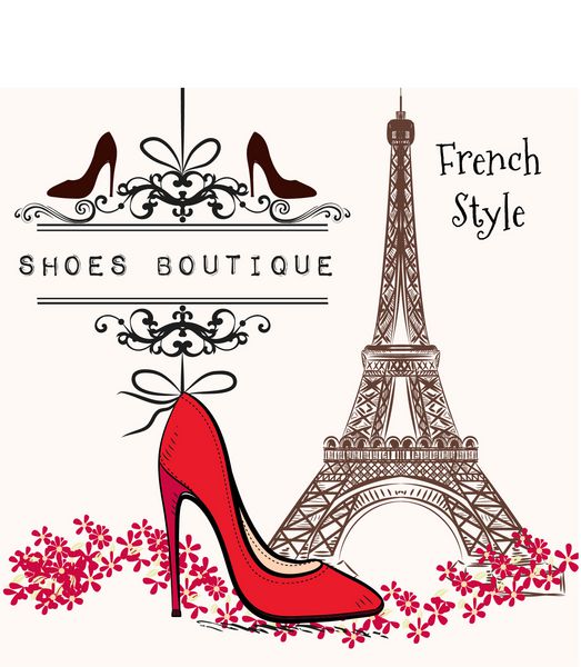 تصویر تبلیغاتی کفش بوتیک کفش قرمز آویزان روی بنر برج ایفل در طرح دوم به سبک فرانسوی