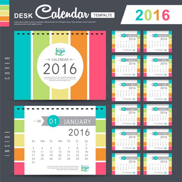 قالب طرح وکتور تقویم رومیزی 2016 با الگوی انتزاعی مجموعه 12 ماهه وکتور