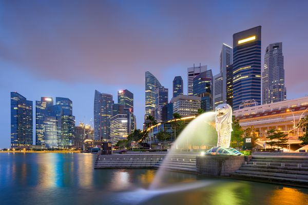 سنگاپور - 3 سپتامبر 2015 فواره مجسمه مرلیون و خط افق سنگاپور مجسمه برجسته به عنوان شخصیت سنگاپور در نظر گرفته می شود