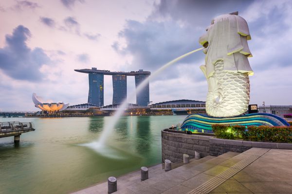 سنگاپور - 6 سپتامبر 2015 فواره مرلیون در خلیج مارینا merlion یک نماد بازاریابی است که به عنوان طلسم و شخصیت ملی سنگاپور استفاده می شود