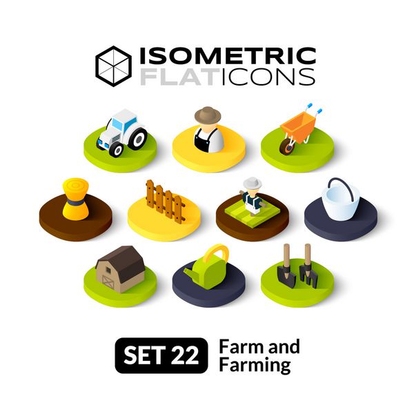 آیکون های مسطح ایزومتریک مجموعه وکتور پیکتوگرام های سه بعدی 22 - مجموعه نمادهای مزرعه و کشاورزی