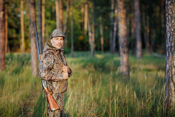 مرد شکارچی با تفنگ به دنبال در جنگل