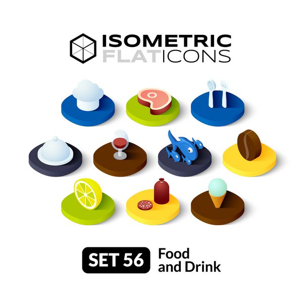 آیکون های مسطح ایزومتریک مجموعه وکتور پیکتوگرام های سه بعدی 56 - مجموعه نمادهای غذا و نوشیدنی