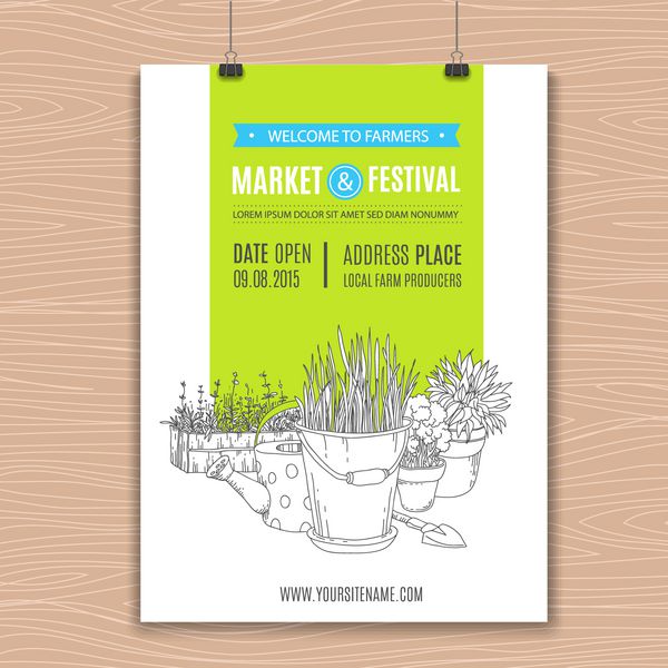 پوستر با گیاهان گلدانی و ابزار باغبانی طراحی عالی برای تبلیغات بازار مزرعه صنعت کشاورزی و تجارت محصولات زیستی هویت تجاری مدرن برای محصولات زیستی و صنعت کشاورزی