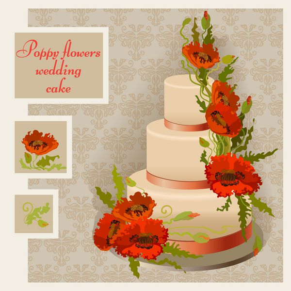 طرح کیک عروسی با گل و برگ خشخاش قرمز و نارنجی در زمینه روشن
