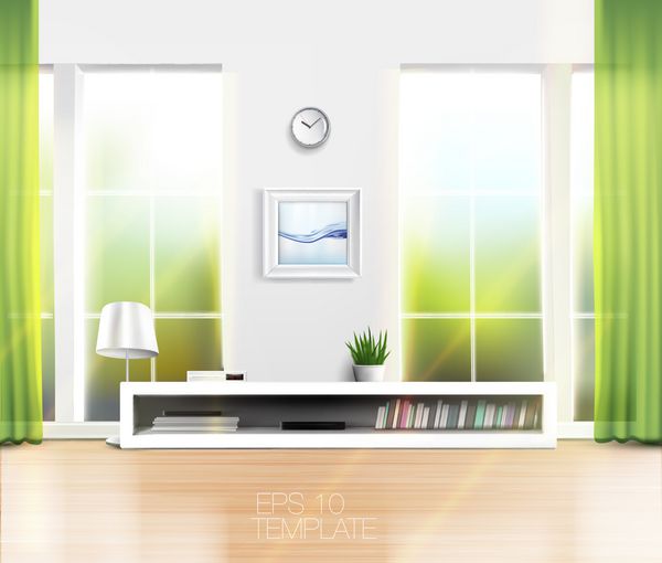 اتاق نشیمن با پنجره های بزرگ آفتابی و پرده های سبز وکتور وکتور قابل ویرایش با جزئیات با کیفیت بالا