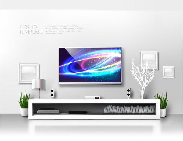 قفسه تلویزیون سفید مدرن مینیمالیستی با کتاب دکوراسیون و سیستم صوتی قالب گرافیکی غنی