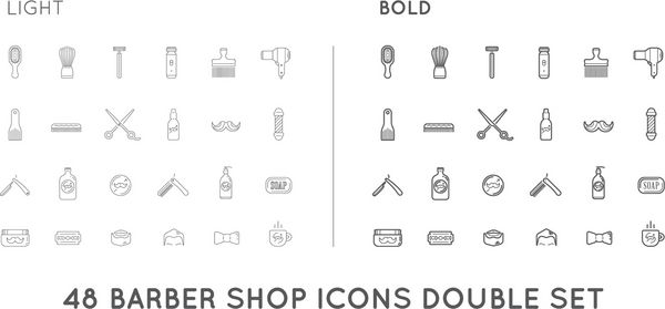مجموعه ای از عناصر نازک و پررنگ وکتور بردار فروشگاه و تصویر نمادهای مغازه اصلاح را می توان به عنوان آرم یا نماد در کیفیت برتر استفاده کرد