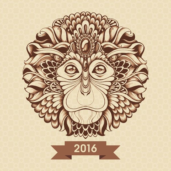 وکتور وکتور میمون زنتاگل پرنعمت سر میمون با نقوش قومی عناصر تزئینی گرافیک دست کشیده طرح پوستر چاپ تی شرت کارت تبریک نماد سال 2016