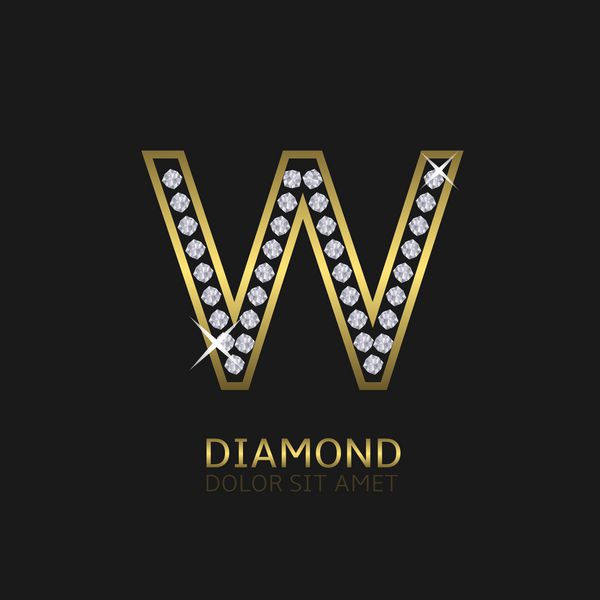 لوگوی طلایی حرف w با الماس لوکس سلطنتی ثروت نماد زرق و برق وکتور