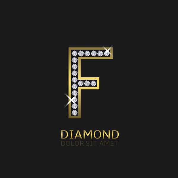 آرم حرف F فلزی طلایی با الماس لوکس سلطنتی ثروت نماد زرق و برق وکتور