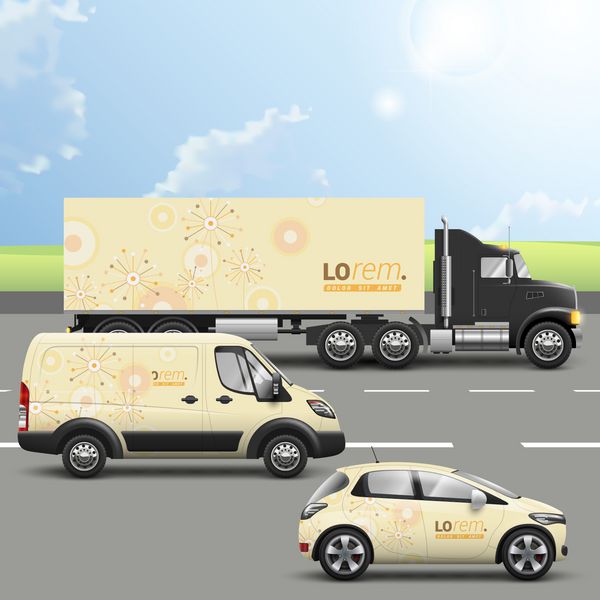 طراحی تبلیغاتی حمل و نقل قدیمی با گل های خلاقانه و عناصر گرد هنری الگوهای کامیون اتوبوس و ماشین سواری هویت سازمانی