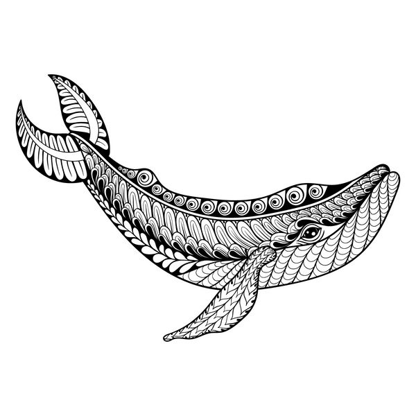 وکتور نهنگ zentangle برای صفحات رنگ آمیزی ضد استرس بزرگسالان تصویر طرح دار قبیله ای زینتی برای پوستر یا چاپ طرح تک رنگ با دست کشیده شده است مجموعه حیوانات دریایی