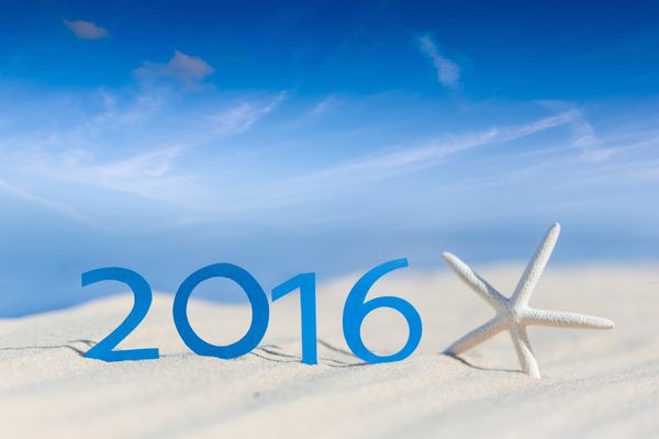 سال 2016 در شن و ماسه ساحل با ستاره دریایی در برابر آسمان آبی