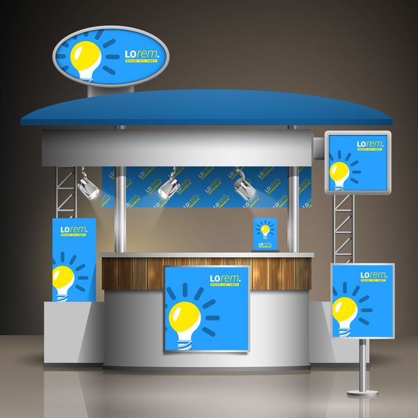 طراحی غرفه نمایشگاهی آبی با لامپ زرد قالب غرفه هویت سازمانی