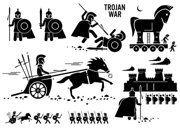 اسب جنگی تروجان یونانی روم جنگجو تروی اسپارت اسپارتان چوب شکل نمادهای پیکتوگرام
