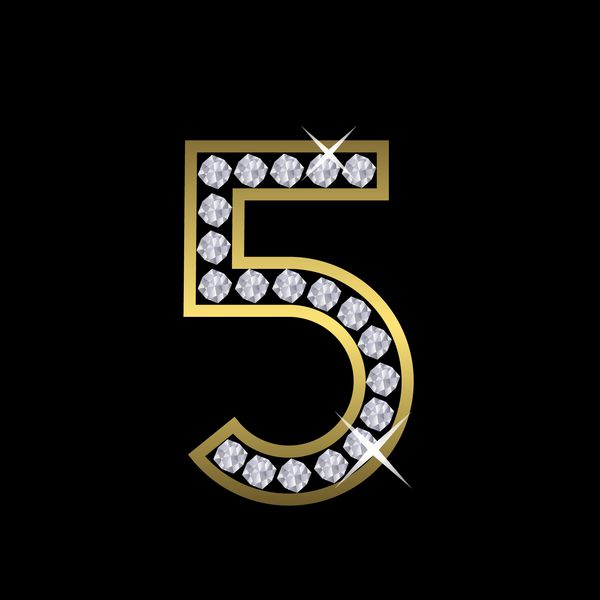 علامت فلز طلایی شماره پنج با الماس لوکس سلطنتی ثروت نماد زرق و برق وکتور