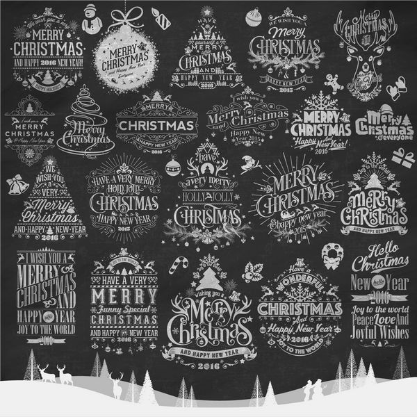 پس زمینه خوشنویسی و تایپوگرافی کریسمس مبارک و سال نو مبارک با هنر کلمه گچی روی تخته سیاه