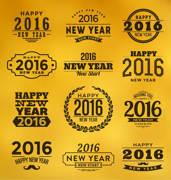 2016 - سال نو مبارک - مجموعه طراحی تایپوگرافی - عناصر شیک به سبک قدیمی در پس زمینه زرد